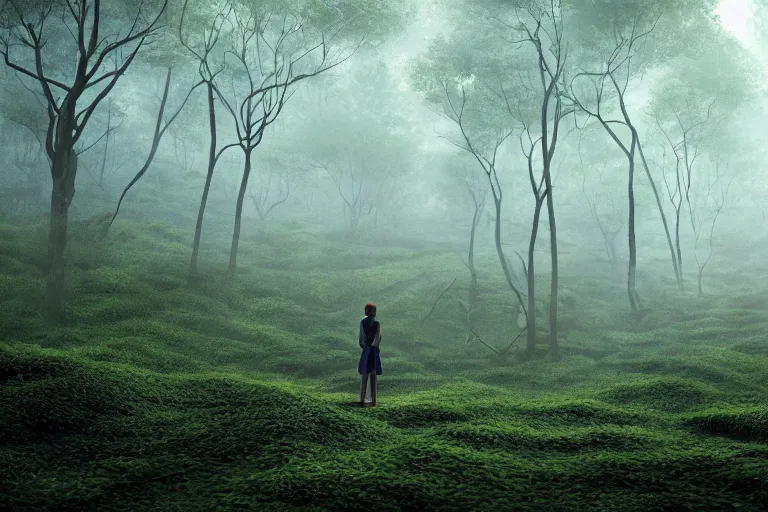 Image similar to a tourist visiting a complex organic fractal 3 d ceramic spheric megastructure floating in a lush forest, foggy, cinematic shot, photo still from movie by denis villeneuve