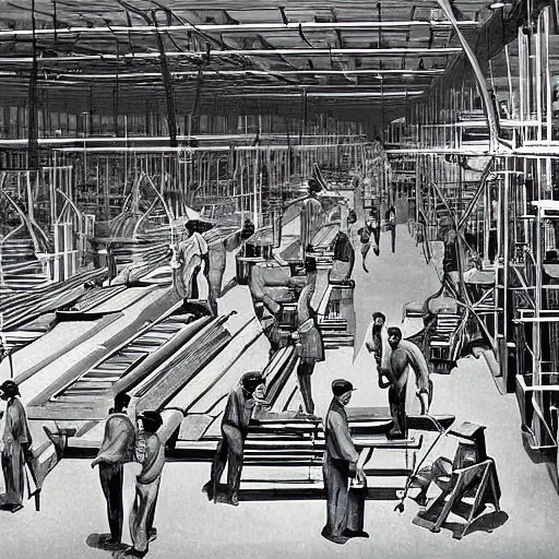 Prompt: digital art of workers working on a gigantic elephant factory, 1960 technology, art station