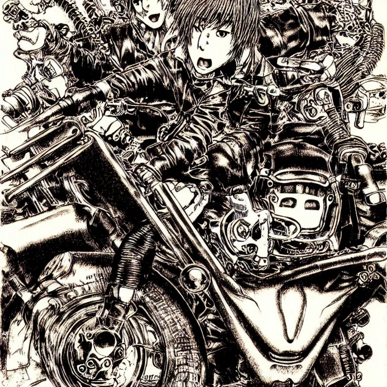 Image similar to motorbiker from hell, manga style of kentaro miura, by norman rockwell, weirdcore