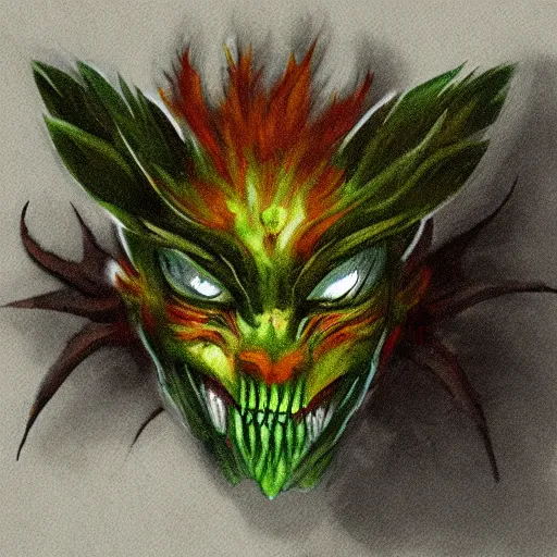 Prompt: A plant demon with amber eyes, menacing smile, voracious, trending on art station