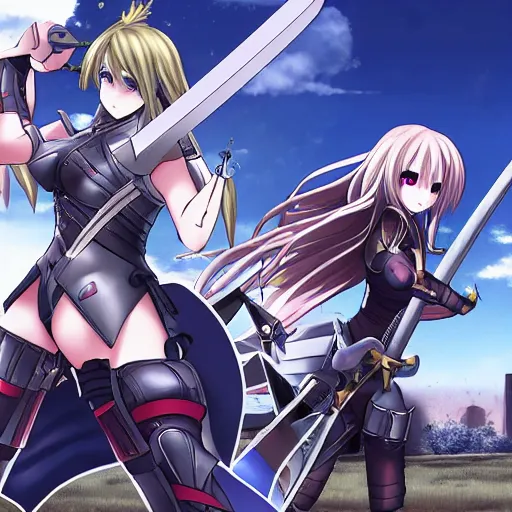 Prompt: anime women in knight armor fighting with swords on aa battlefield