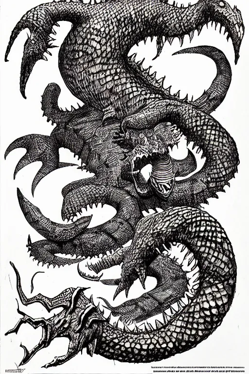 Image similar to ogopogo monster as a d & d monster illustration, full body, pen - and - ink illustration, etching, by russ nicholson, david a trampier, larry elmore, 1 9 8 1, hq scan, intricate details, inside stylized border