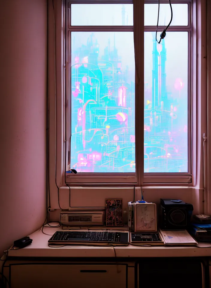 Image similar to telephoto 7 0 mm f / 2. 8 iso 2 0 0 photograph depicting the feeling of chrysalism in a cosy cluttered french sci - fi ( art nouveau ) cyberpunk apartment in a pastel dreamstate art cinema style. ( computer screens, window ( city view ), sink, lamp ( ( ( fish tank ) ) ) ), ambient light.