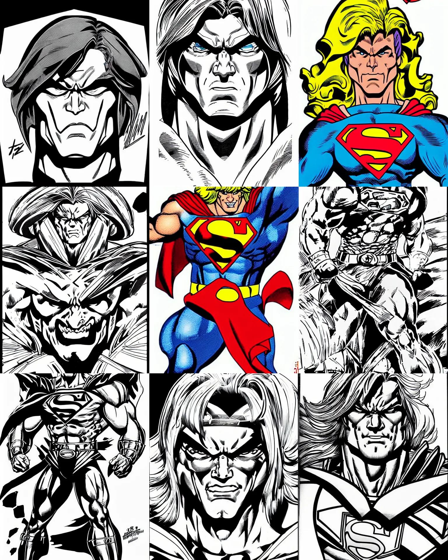 Image similar to he - man!!! jim lee!!! face shot!! flat ink sketch by jim lee face close up headshot superman costume in the style of jim lee, x - men superhero comic book character by jim lee
