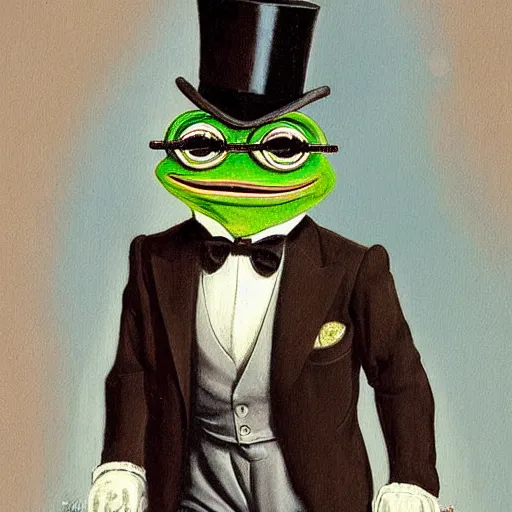 Prompt: pepe the frog at the royal ascot, wearing morning suit and top hat, uncropped painting by Joseph Christian Leyendecker