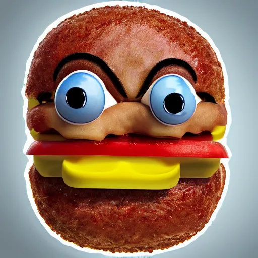 Prompt: a photorealistic human face screaming as it tries to escape being melded into a deluxe hamburger, rendered as a 3d emoji