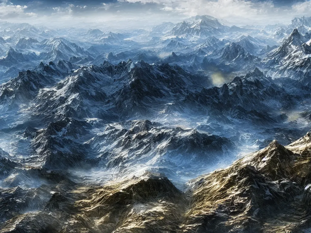 Image similar to realistic view from a mountaintop, high mountains, Alps, digital painting, realistic render, 4k, 8k, photography, unreal engine, wallpaper, cinematic