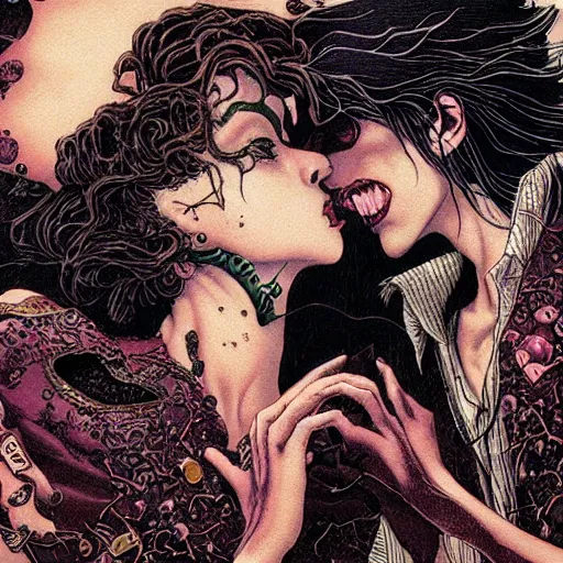 Image similar to closeup of vampire kiss, wax, by yoichi hatakenaka, masamune shirow, josan gonzales and dan mumford, ayami kojima, takato yamamoto, karol bak