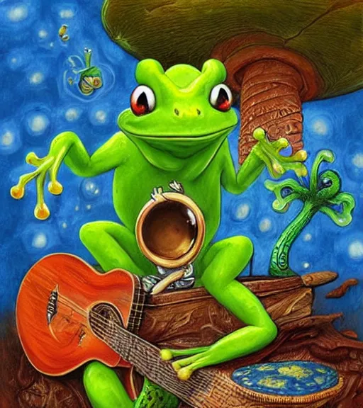 Image similar to a frog playing guitar on a hallucinogenic mushroom justin gerard