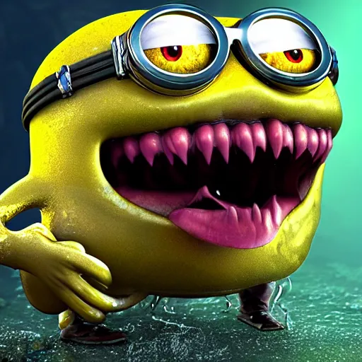 Image similar to glistening slimy minion with sharp teeth rising from the abyss, horrifying atmosphere, photorealistic