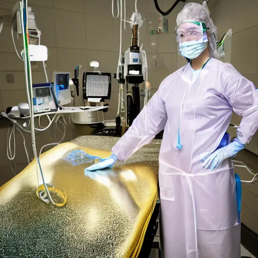 Image similar to A high resolution photograph of a surgeon standing in an operating room, surrounded by new technology and glitter, infused with lightning, very aesthetic, surgical gown and scrubs on, full length, exquisite detail, post-processing, masterpiece, cinematic, 8k, magazine cover