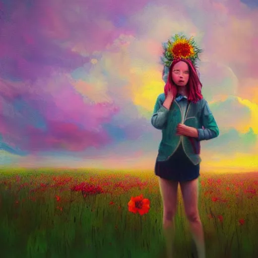 Image similar to girl with a singular flower for a head, surreal photography, dream, standing in flower field, magical, in a valley, sunrise dramatic light, impressionist painting, colorful clouds, artstation, simon stalenhag, flower face