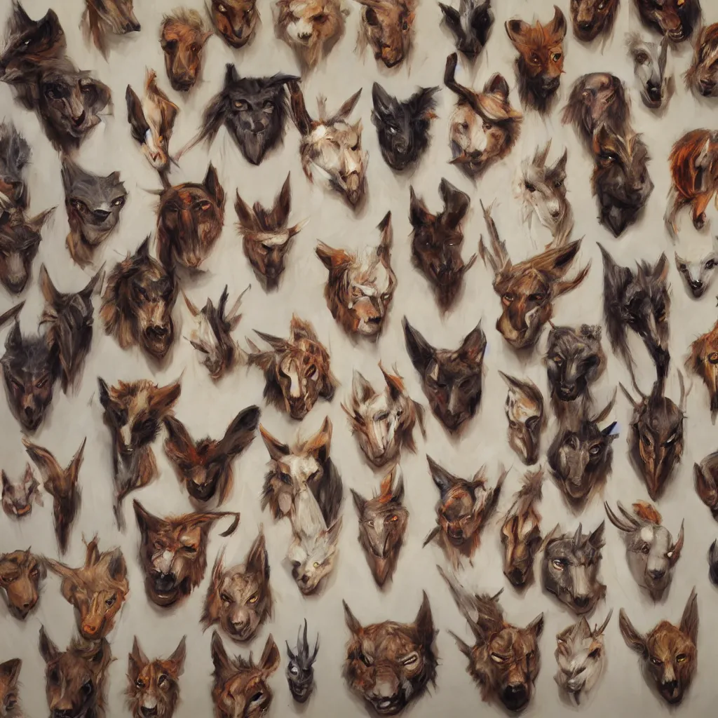 Image similar to a painting of a collection of animal masks hanging on a wall, by julie bell, detailed, concept art, trending on artstation, low light, dramatic