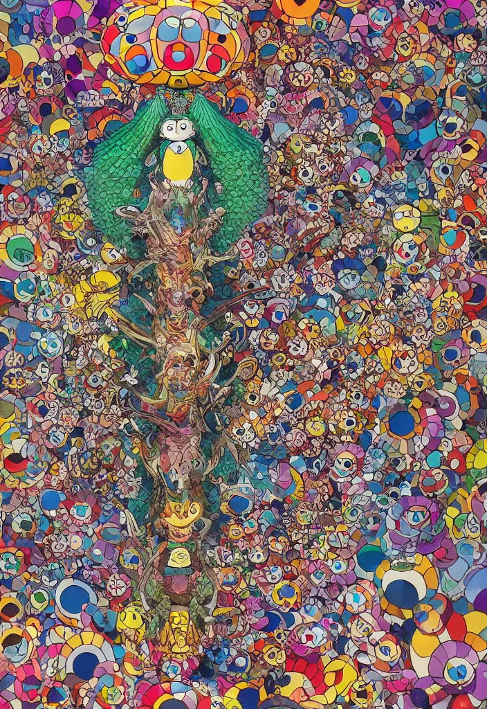 Image similar to bicameral humanoid mythical beast, fantastical, cute, and beautiful hybrid of different animals, a humorous psychedelic creature concept design by Moebius, Studio Ghibli, in the style of Takashi Murakami, symmetrical 4K