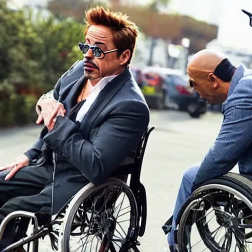 Image similar to robert downey jr. starring in weekend at bernie's. movie poster. comedic. cinematic lighting. robert downey jr. in a wheelchair pushed by dwayne the rock johnson.