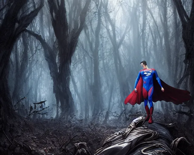 Prompt: 5 5 mm portrait photo of a undead rotting superman in a magical forest. magical atmosphere. art by greg rutkowski and luis royo. highly detailed 8 k. intricate. lifelike. soft light. nikon d 8 5 0.