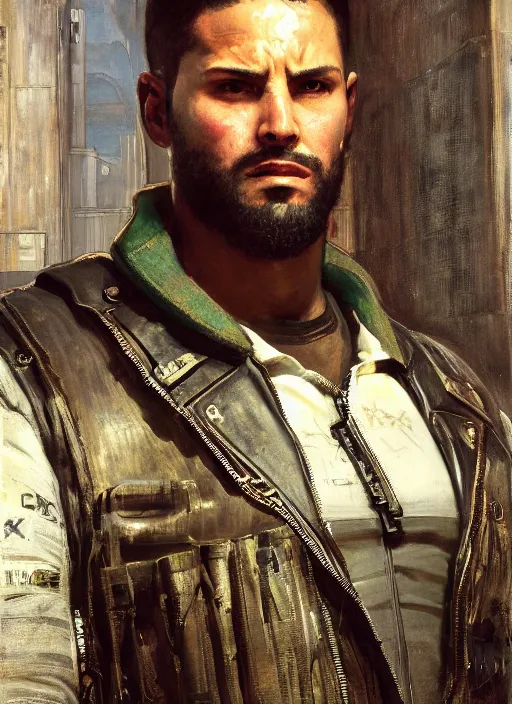 Image similar to big mike. cyberpunk meathead wearing a military vest and combat gear. (Cyberpunk 2077, bladerunner 2049). Iranian orientalist portrait by john william waterhouse and Edwin Longsden Long and Theodore Ralli and Nasreddine Dinet, oil on canvas. Cinematic, hyper realism, realistic proportions, dramatic lighting, high detail 4k