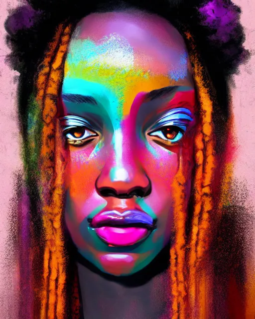 Prompt: colorful character portrait of a black female hippie, set in the future 2 1 5 0 | highly detailed face | very intricate | symmetrical | cinematic lighting | award - winning | painted by mandy jurgens | pan futurism, dystopian, bold colors, cyberpunk, groovy vibe, anime aesthestic | featured on artstation