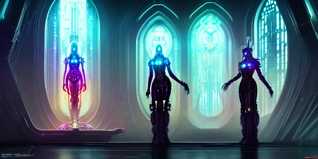 Image similar to ultra detailed female android deity, altar, futuristic gothic environment, ethereal flowerpunk, scifi, fantasy, cyberpunk, octane render, megalopolis, unreal engine, asymmetrical!!! intricate concept art, triadic color, art by artgerm and wlop and giger and greg rutkowski and alphonse mucha, 8 k