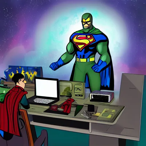 Image similar to homelander superhero from the boys typing on computer, digital art, 8 k, high detail