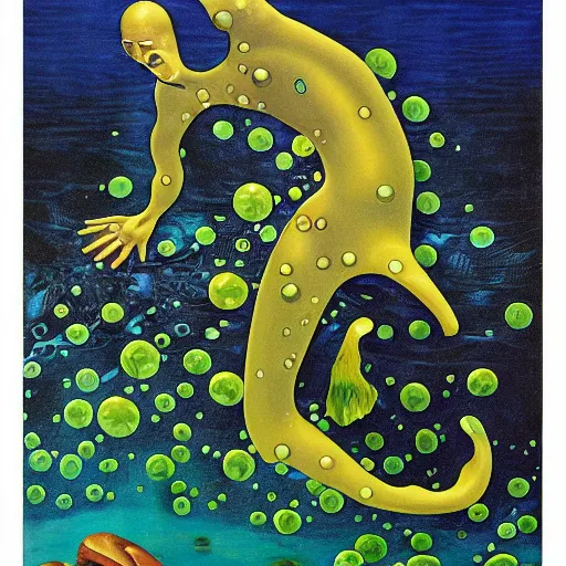 Image similar to aquatic summer bipedal shallows circle pollock kiwi beer specter, by jean giraud and didier barra and georgia o'keeffe, detailed painting, an art deco, black velvet painting