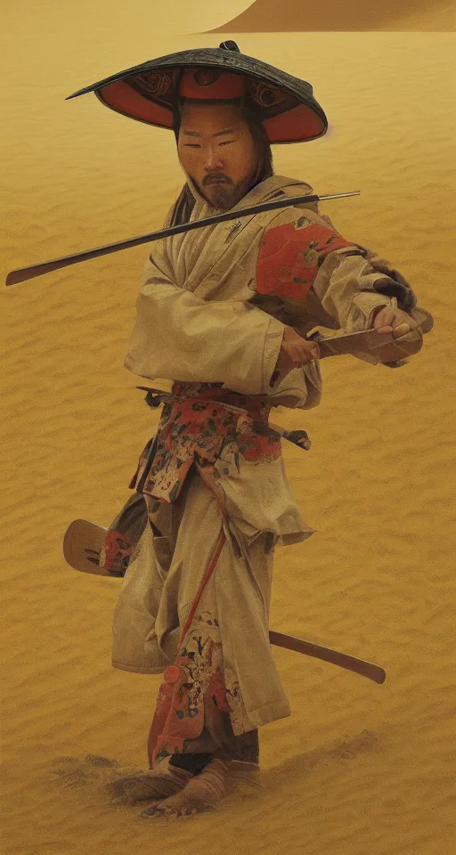 Prompt: oil painting of a samurai with a straw hat, a katana, and wooden sandals caught in the sandstorm of a massive dune, 4 k, detailed, landscape