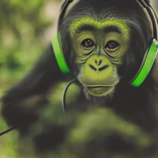 Image similar to a high quality photo of a green chimp wearing headphones, realism, 8k