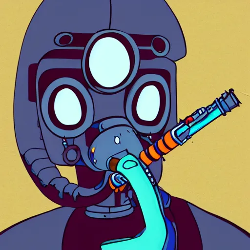 Image similar to cyberpunk robotic squidward playing clarinet, sharp lines, digital, artstation, colored in