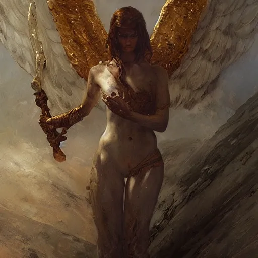 Prompt: angelic humanoid with wings on its back and an upside-down stone face holding a golden spear, oil painting, by Fernanda Suarez and and Edgar Maxence and greg rutkowski