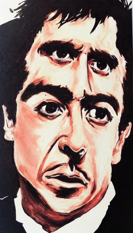Image similar to close upt. cogerent eyes. detailed face. tony montana from movie scarface. color ink paint