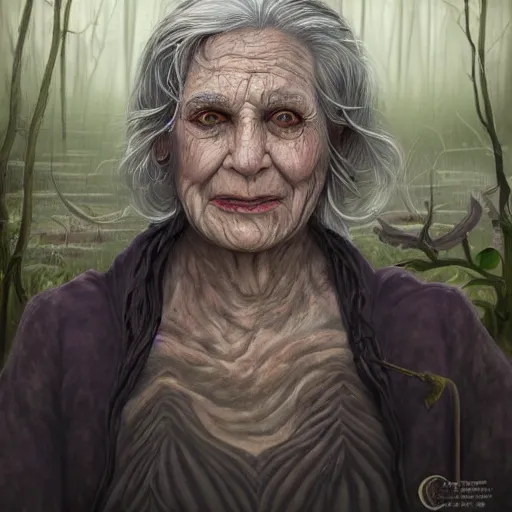 Image similar to fantasy portrait of an energetic old woman with silky, cloudy grey hair, black scars on her face, swamp vegetation in the background, nocturnal palette, art by greg rutowski, raphael lacoste, eddie mendoza, artgerm, trending on artstation