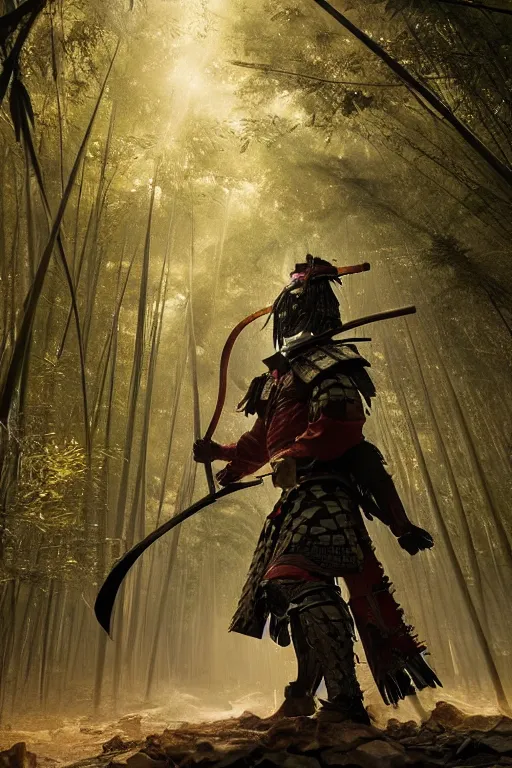 Prompt: an epic samurai in full armor in a mysterious japanese bamboo forest with light shafts, atmospheric lighting, by greg rutkowski, ultra realistic, concept art, intricate details, highly detailed, photorealistic, octane render, 8 k, unreal engine