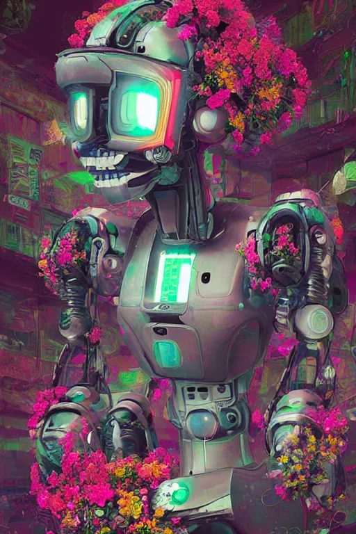 Image similar to a digital painting of a robot with flowers, cyberpunk art by Filip Hodas, cgsociety, panfuturism, made of flowers, dystopian art, vaporwave