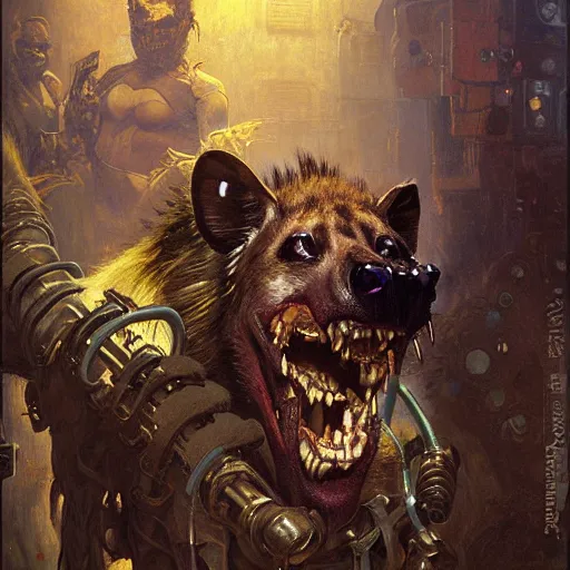 Image similar to portrait of a hyena gnoll dentist. shadowrun furaffiniy cyberpunk fantasy highly detailed painting by gaston bussiere craig mullins jc leyendecker gustav klimt artgerm greg rutkowski john berkey, bergey, craig mullins, ruan jia, raymond swanland, jeremy mann, tom lovell, alex malveda