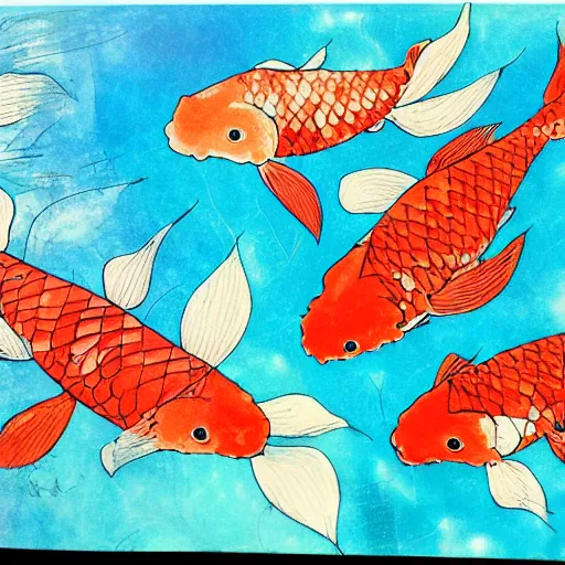 Image similar to some koi carp, swimming in a pool, ink, acrylics, collage, style of lily greenwood