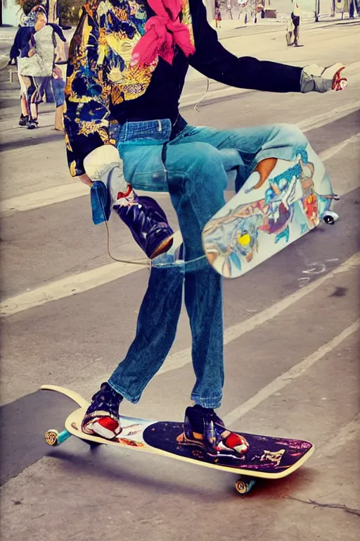 Image similar to a portrait of a fashionable gran on a skateboard in los angeles, in the style of david lachapelle