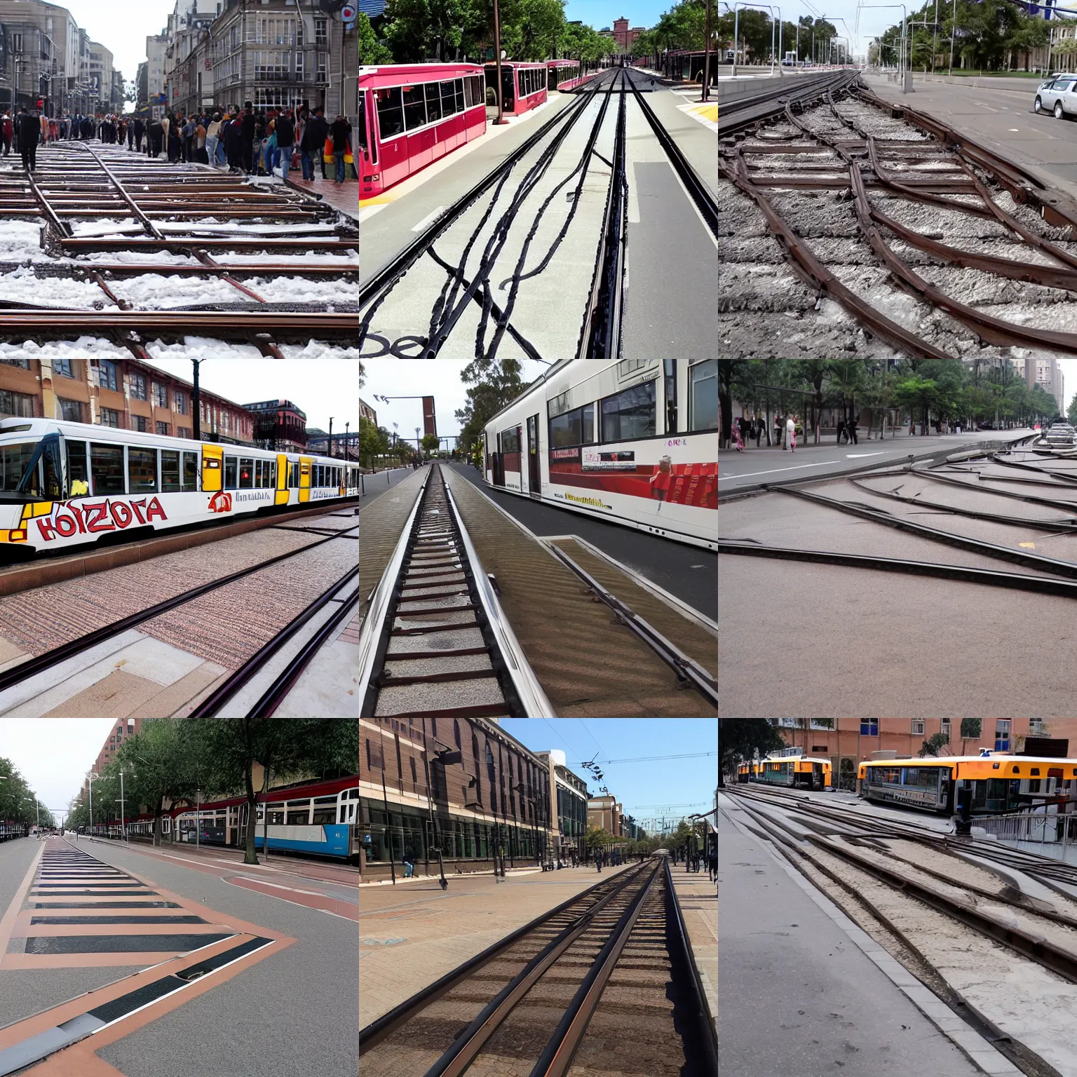 Prompt: a high - school!!!!!!!!!! plaza!!!!!!!!!, tram tracks going through it