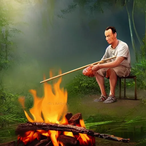 Image similar to tom hanks as forrest gump holding a giant shrimp skewer over a campfire in the jungle, amazing digital art, trending on artstation