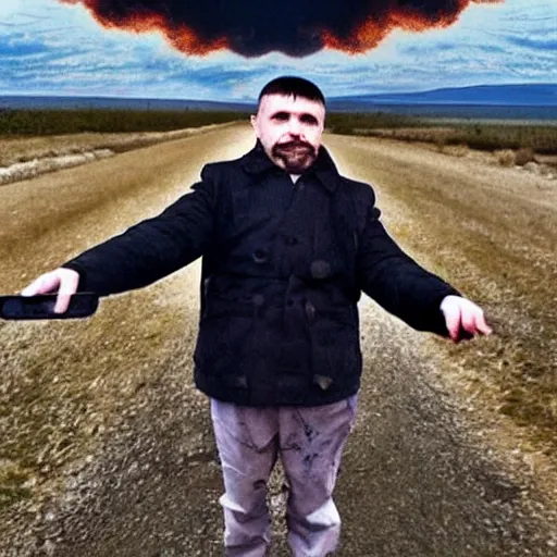 Image similar to a ukrainian with a simultaneously sad and creepy facial expression against the background of a nuclear explosion without legs and arms, selfie 2 0 2 2