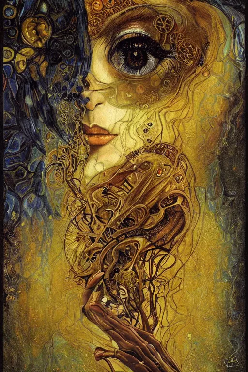 Image similar to Metamorphosis by Karol Bak, Jean Deville, Gustav Klimt, and Vincent Van Gogh, transformation portrait, chimera, visionary, cicada wings, otherworldly, fractal structures, ornate gilded medieval icon, third eye, hybrid, change, spirals, horizontal symmetry