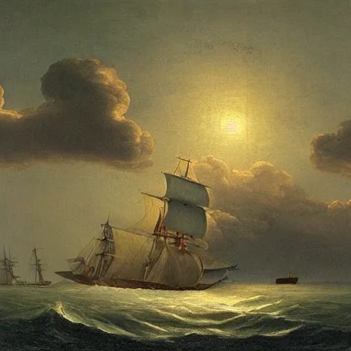 Prompt: clouds made out of the universe with luminous skies and a ship sailing in the distance, fitz henry lane, painting, detailed