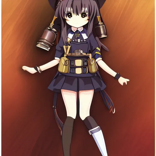 Image similar to anime girl steampunk officer, full body portrait, polaroid photograph, cinematic lighting, brown uniform, anime, studio ghibli, finely detailed,