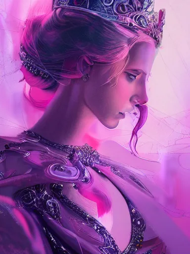 Image similar to pink portrait of beautiful female angel queen Scarlett Johansson head wearing shiny pink crown, subtle purple accents, hyper details, black metal rococo, sculpted by Alex Alice, Craig Mullins, yoji shinkawa, trending on artstation, beautifully lit, Peter mohrbacher, hyper detailed, insane details, intricate, elite, elegant, luxury, ray of light through smoke, CGsociety, hypermaximalist, golden ratio, volumetric, octane render, weta digital, micro details, 3d sculpture