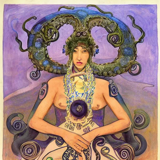 Image similar to the tentacle crown, by Annie Swynnerton!! and Nicholas Roerich! and (((Diego Rivera))), bioluminescent skin, tattoos, elaborate costume, geometric ornament, symbolist, rich colors, dramatic lighting, smooth, sharp focus, extremely detailed