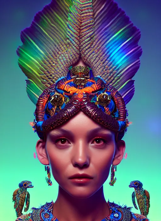 Image similar to a wlop 3 d portrait of a goddess, 8 k micro details beautiful intricate highly detailed quetzalcoatl skull and feathers. bioluminescent, fire, galaxy, artwork by tooth wu and wlop and beeple and greg rutkowski, trending on artstation,