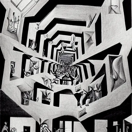 Prompt: m. c. escher's relatively drawing painted by salvador dali