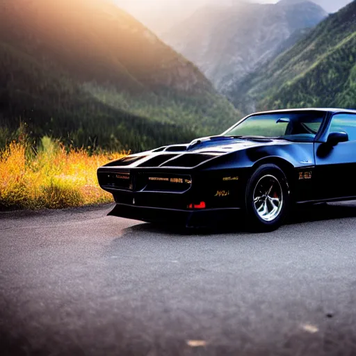 Image similar to black pontiac firebird trans - am driving towards the camera, mountain, valley, breathtaking mountains, lake, dynamic, sunrise, cinematic, motionblur, sunbeams, volumetric lighting, wide shot, low angle, mind flayer, lightning, mind flayer, lightning creature