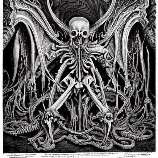 Prompt: cthulhu death's gate of hell, highly detailed, skeletons, steles, lava, swords, intricate art of boris vallejo and ernst haeckel, neo - gothic, gothic