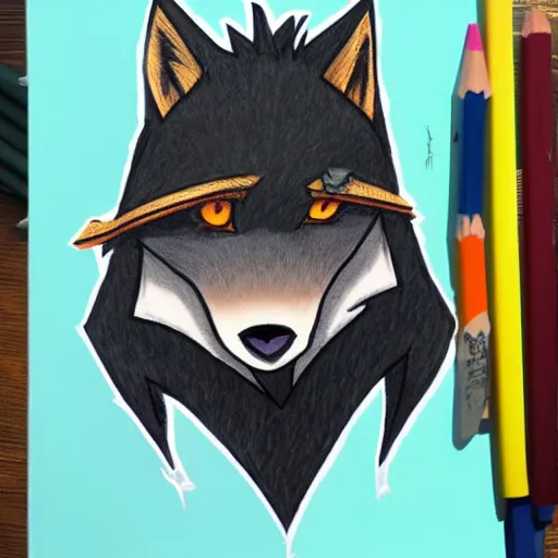 Prompt: anime style colored pencil sketch of an anthropomorphic wolf fursona furry male character wearing a hoodie, notebook drawing, realisitc photo