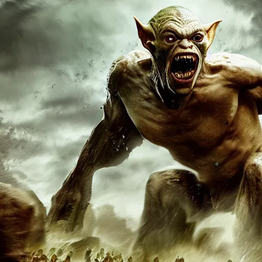 Prompt: clash of two armies, battle, orcs against gollum - faced humans